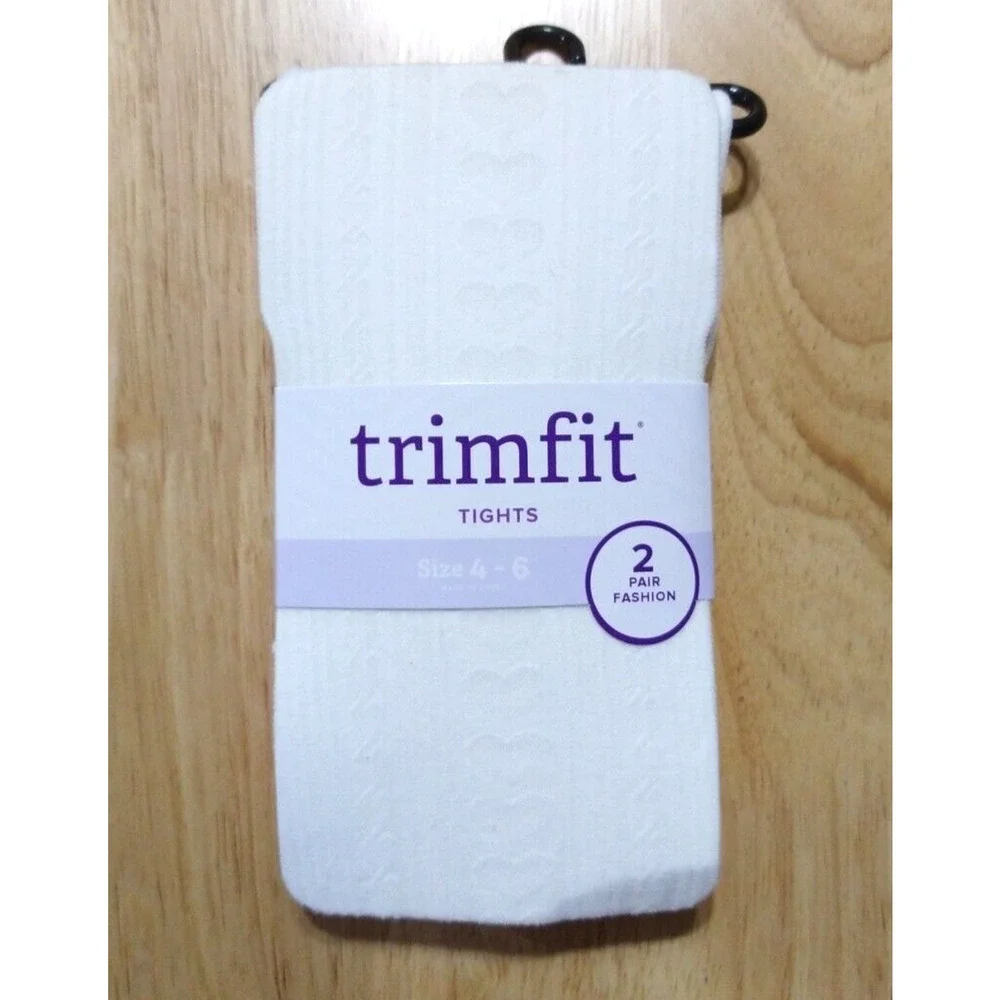 TRIMFIT Girls 2-pk. Size 4-6 Opaque Tights Ivory Textured & Lilac Purple New